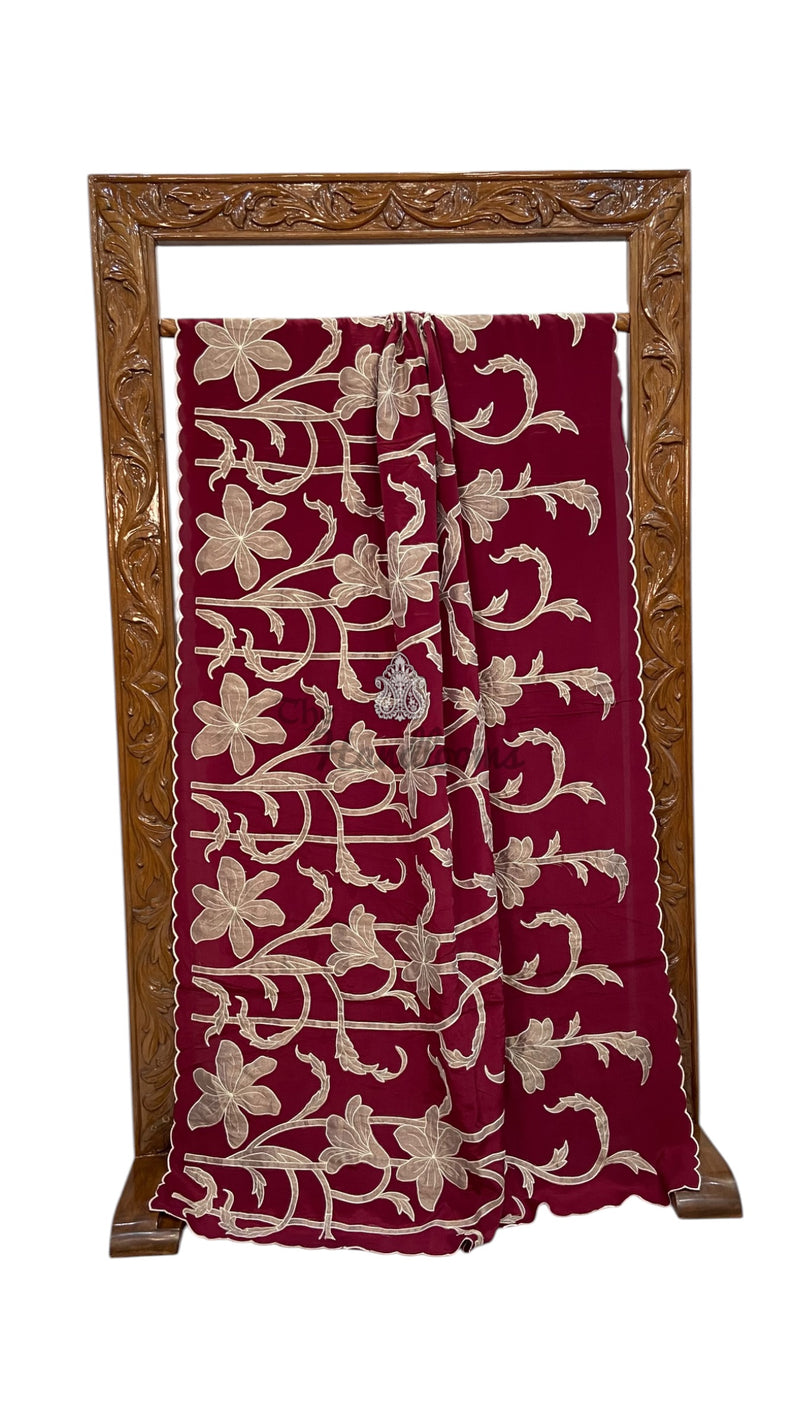 Pure Crepe Silk Handloom Banarasi Saree - Handwork
