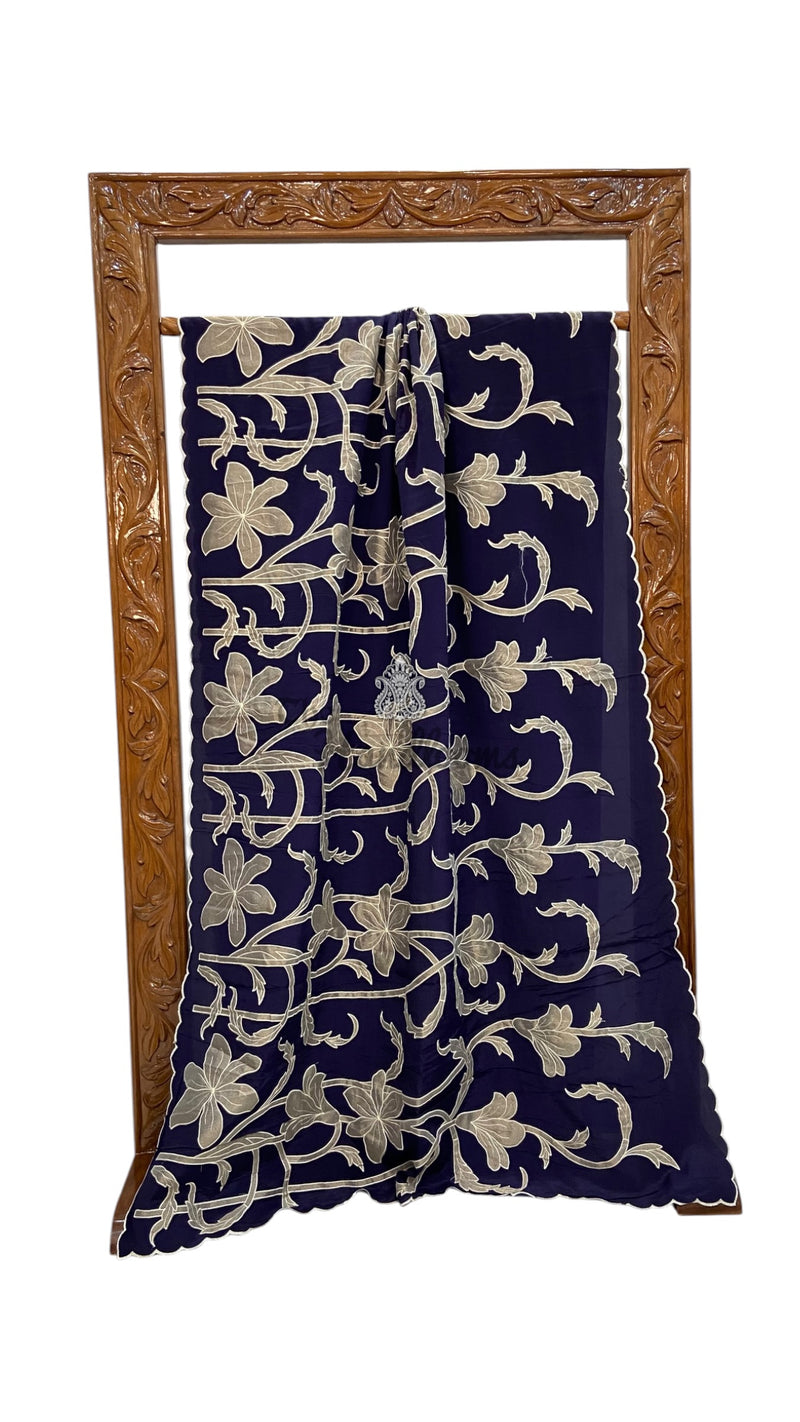 Pure Crepe Silk Handloom Banarasi Saree - Handwork