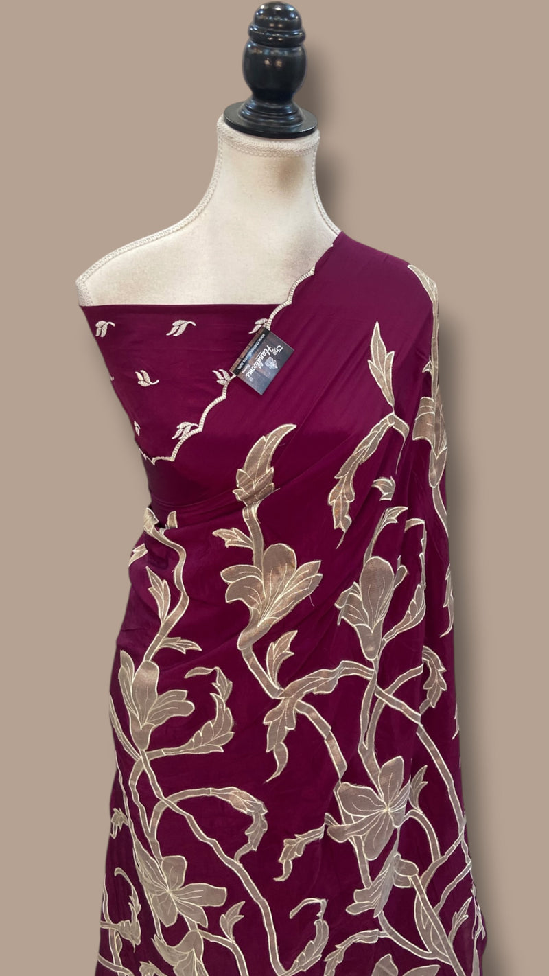 Pure Crepe Silk Handloom Banarasi Saree - Handwork