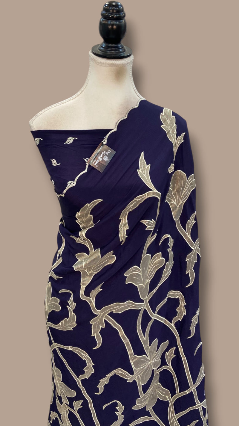 Pure Crepe Silk Handloom Banarasi Saree - Handwork