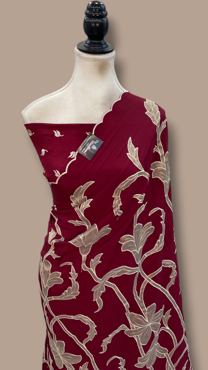 Pure Crepe Silk Handloom Banarasi Saree - Handwork