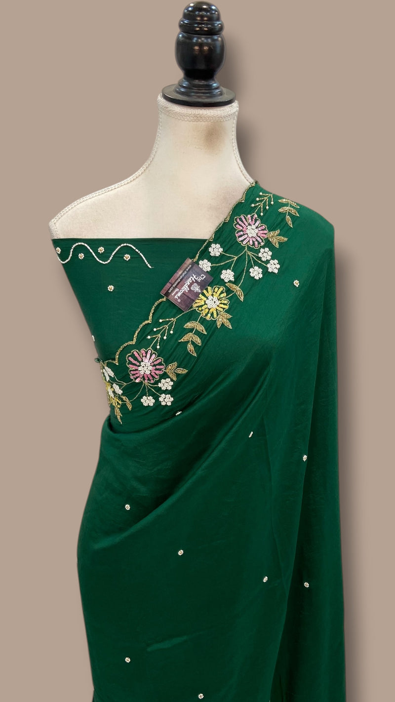 Pure Crepe Silk Handloom Banarasi Saree with Handwork - The Handlooms