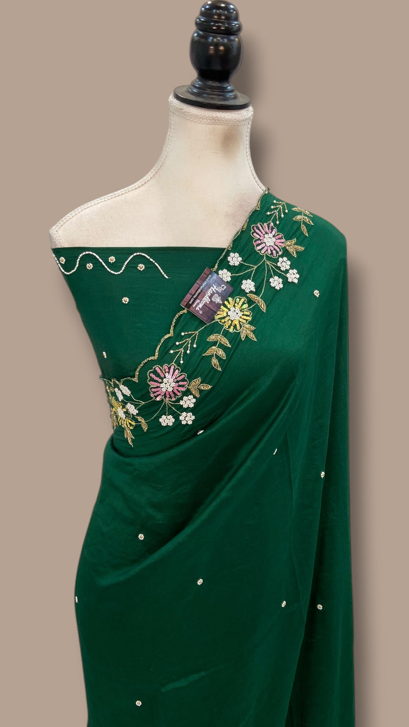 Pure Crepe Silk Handloom Banarasi Saree with Handwork - The Handlooms