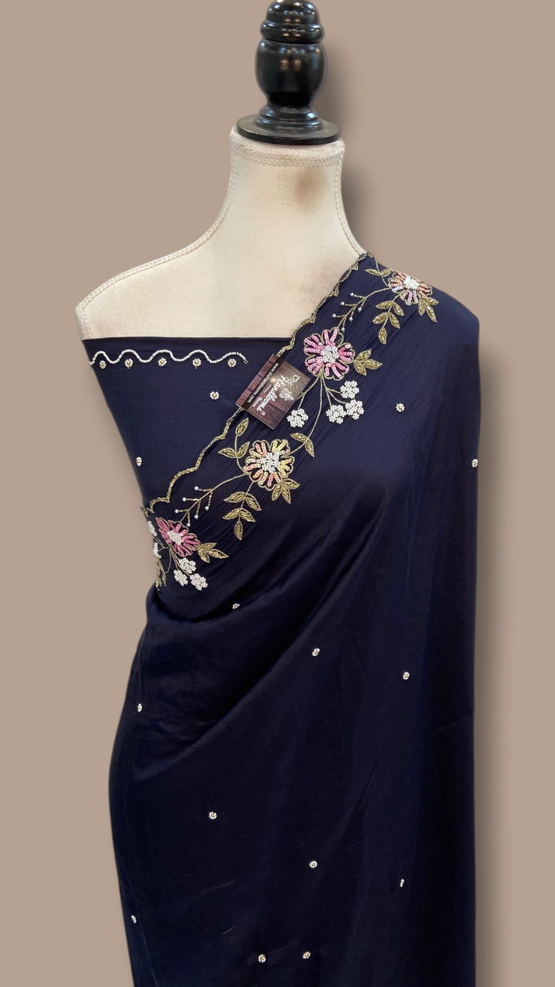 Pure Crepe Silk Handloom Banarasi Saree with Handwork - The Handlooms