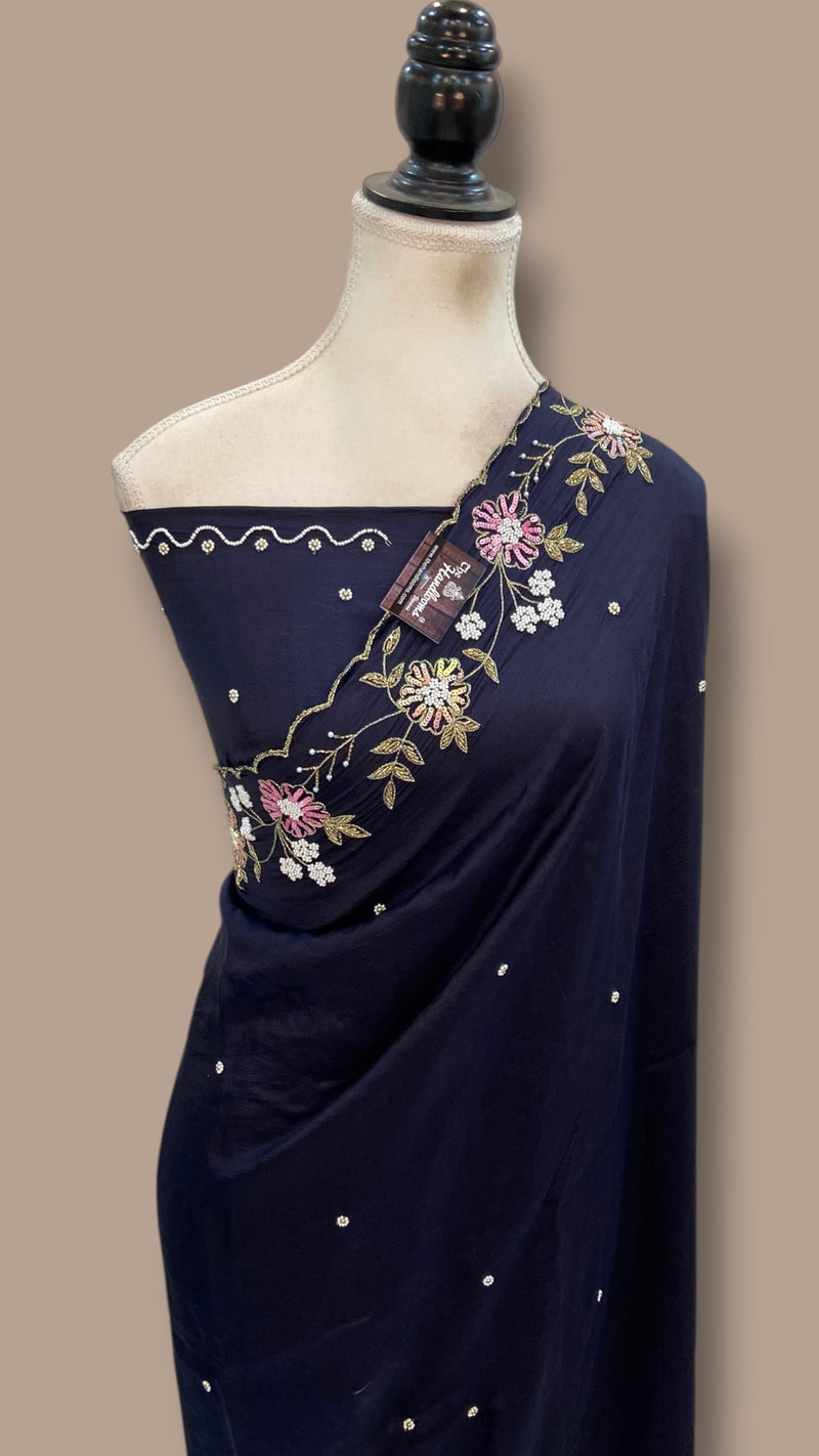 Pure Crepe Silk Handloom Banarasi Saree with Handwork - The Handlooms