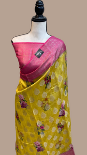 Pure Chiniya Silk Handloom Banarasi Saree Digital Print - The Handlooms