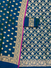 German Blue Pure Katan Silk Handlooms Banarasi Dress material all over sona roopa - The Handlooms