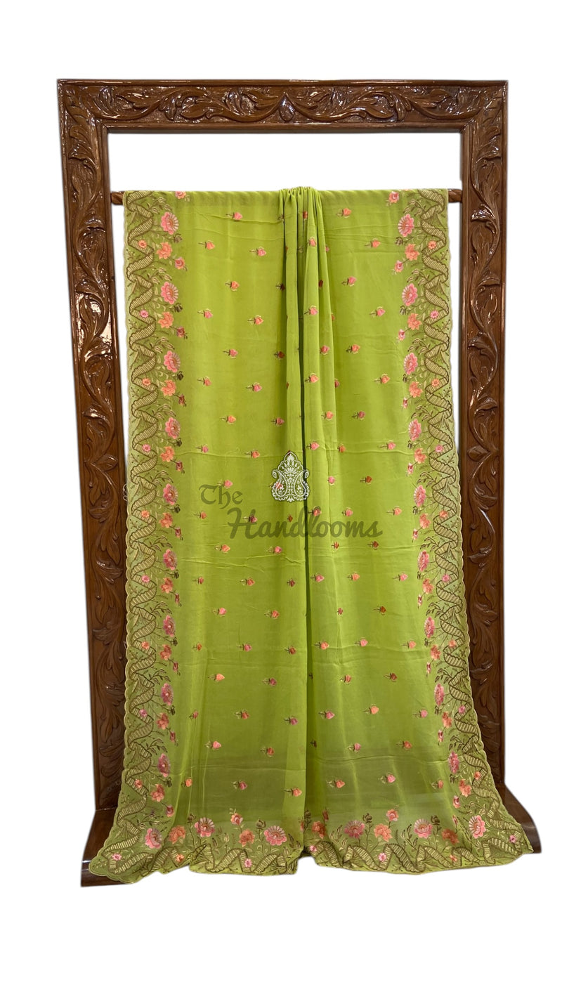 Pure Georgette Chikankari Handloom Banarasi Saree - The Handlooms