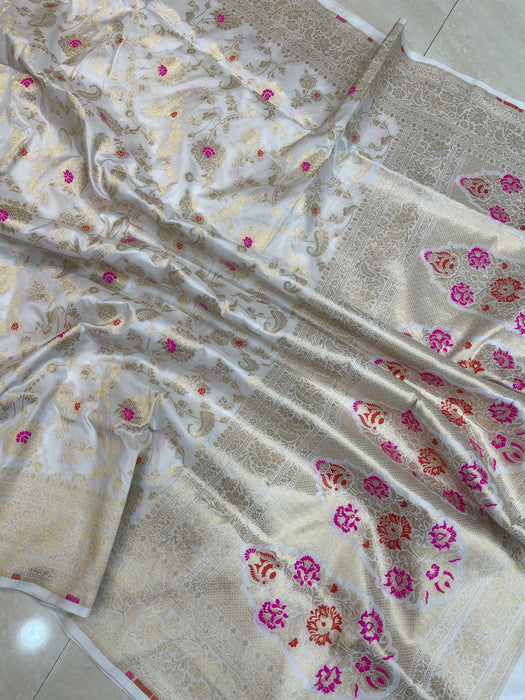 White Pure Katan Silk Banarasi Handloom Saree - All over Sona Roopa Jaal work - The Handlooms