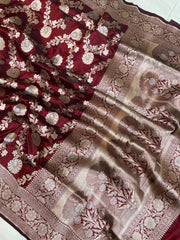 Pure Katan Silk Banarasi Handloom Saree - All over Sona Roopa Jaal work - The Handlooms