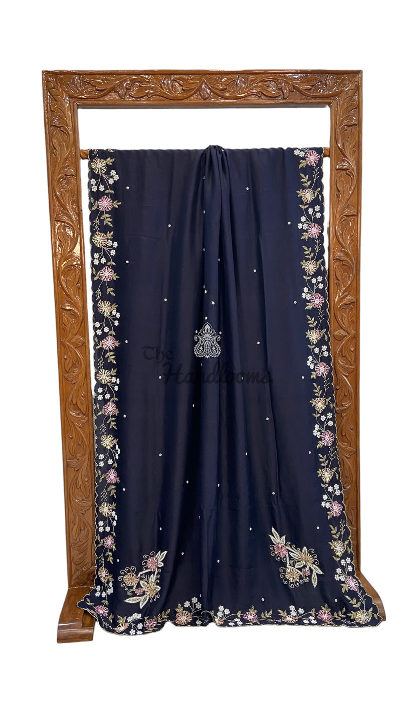 Pure Crepe Silk Handloom Banarasi Saree with Handwork - The Handlooms