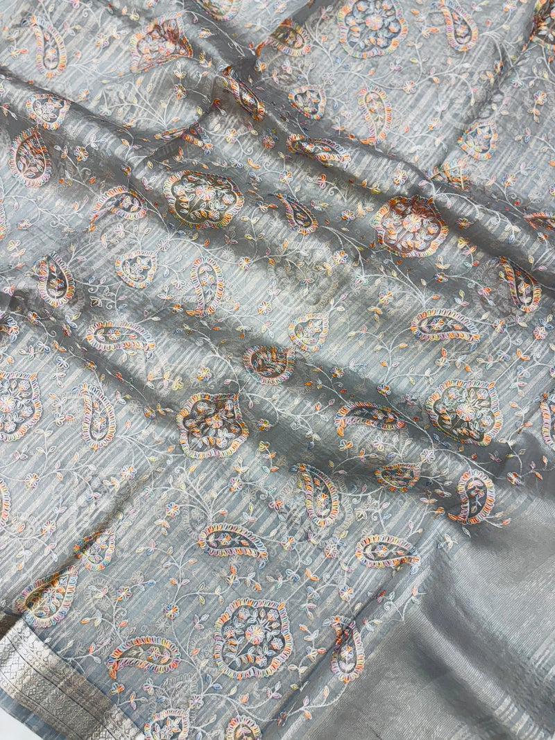 Pure Organza Handloom Banarasi dupatta With Chikankari And Digital Print - The Handlooms