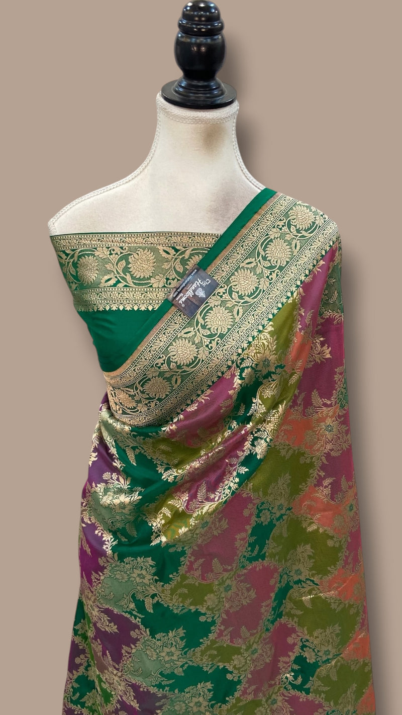 Multicolor Pure Katan Silk Banarasi Handloom Saree - All Over Jaal Work