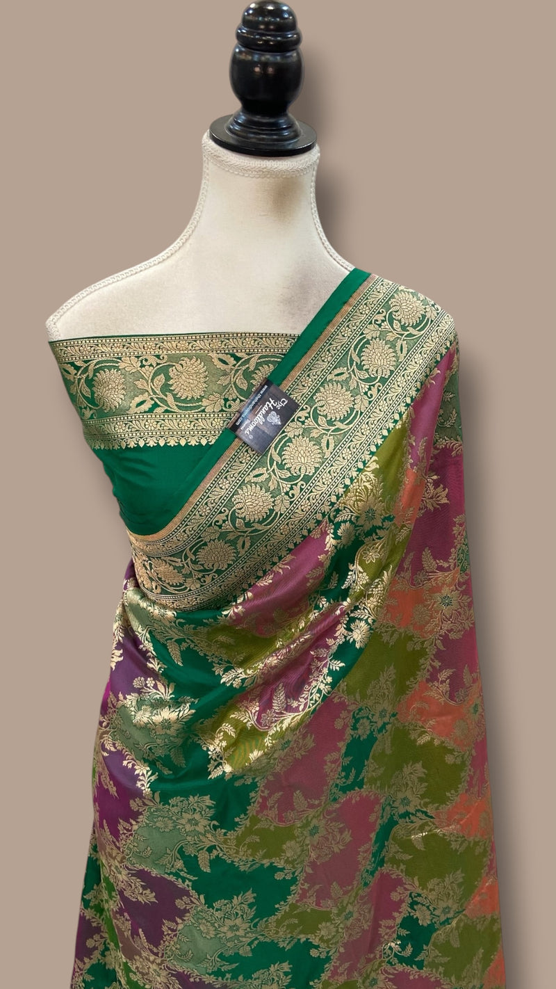 Multicolor Pure Katan Silk Banarasi Handloom Saree - All Over Jaal Work