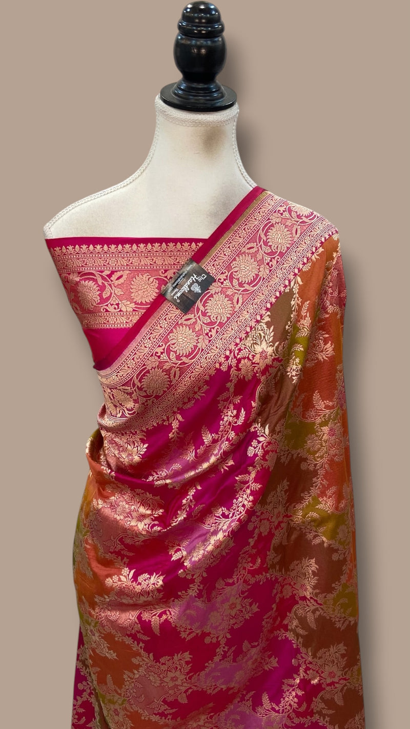 Multicolor Pure Katan Silk Banarasi Handloom Saree - All Over Jaal Work
