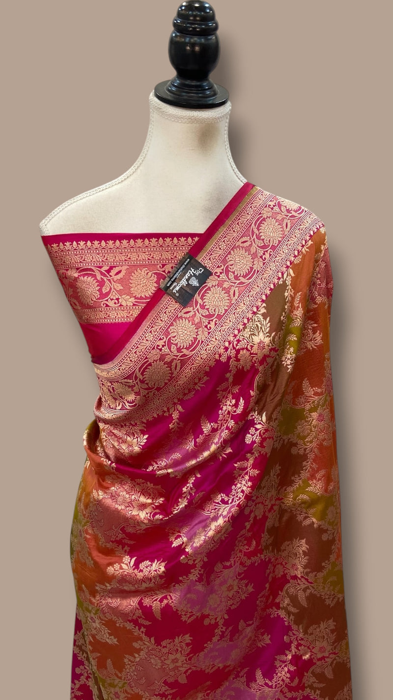 Multicolor Pure Katan Silk Banarasi Handloom Saree - All Over Jaal Work