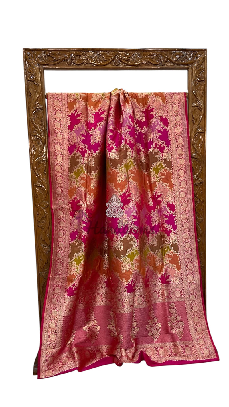 Multicolor Pure Katan Silk Banarasi Handloom Saree - All Over Jaal Work