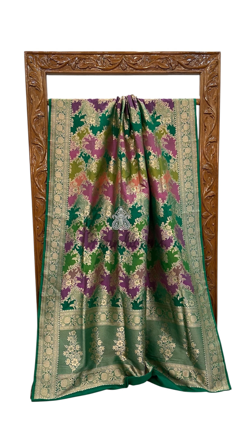 Multicolor Pure Katan Silk Banarasi Handloom Saree - All Over Jaal Work