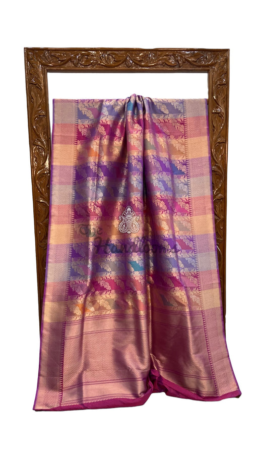 Multicolour Pure Katan Silk Banarasi Handloom Saree - All Over Kadiyal Jaal Work With Rangkart - The Handlooms