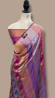 Multicolour Pure Katan Silk Banarasi Handloom Saree - All Over Kadiyal Jaal Work With Rangkart - The Handlooms