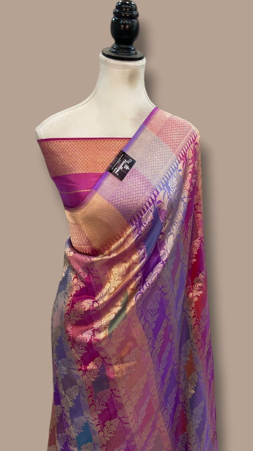 Multicolour Pure Katan Silk Banarasi Handloom Saree - All Over Kadiyal Jaal Work With Rangkart - The Handlooms