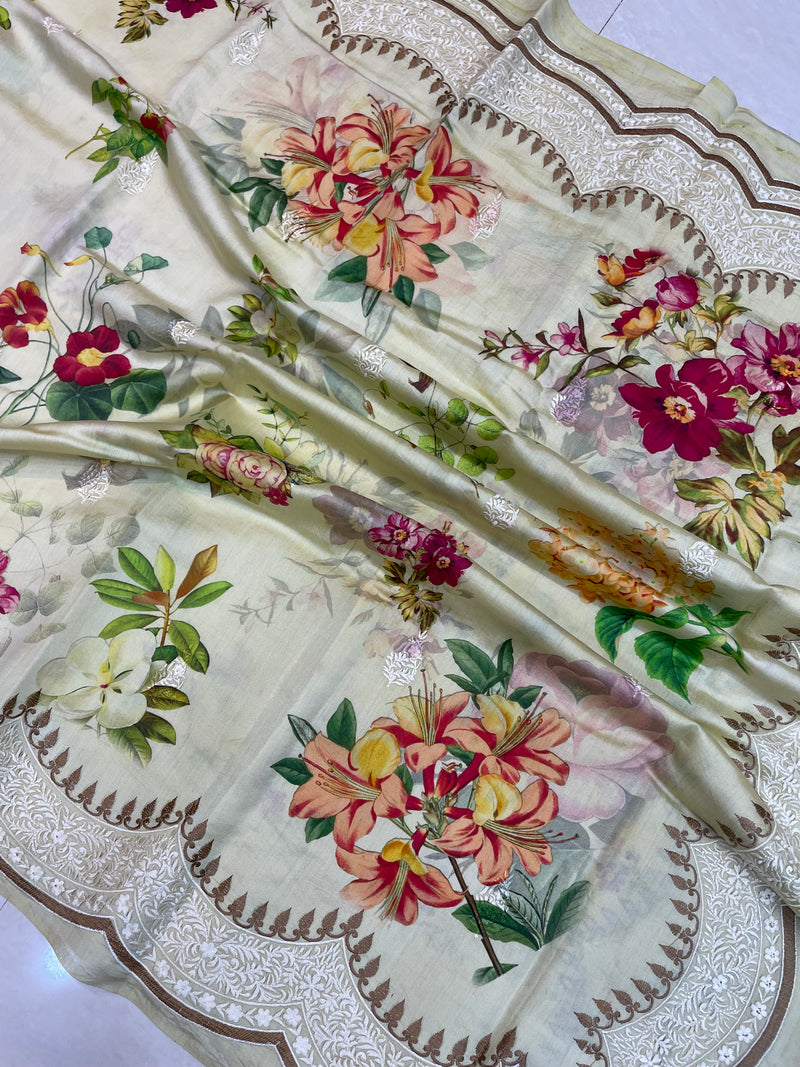 Pure Chiniya Silk Handloom Banarasi Saree Digital Print with Chikankari - The Handlooms