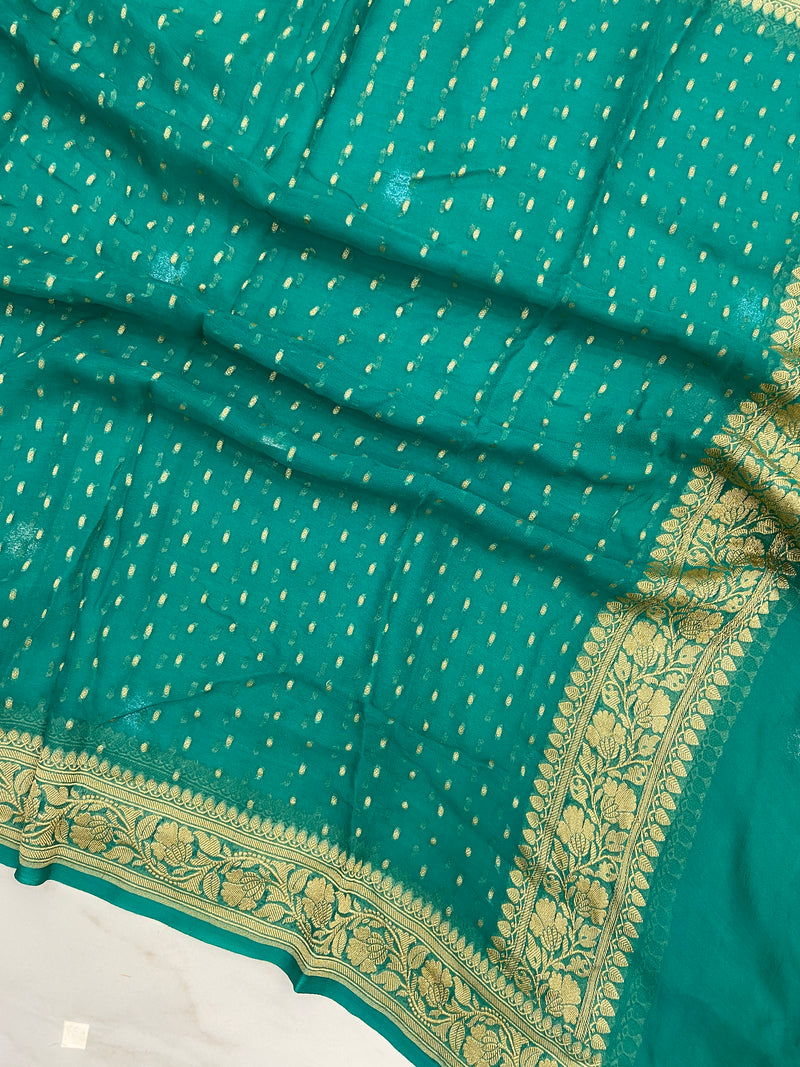 Pure Georgette Dupatta - Emerald Green Gold Zari - The Handlooms