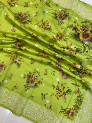 Pure Chiniya Silk Handloom Banarasi Saree Digital Print with Chikankari - The Handlooms