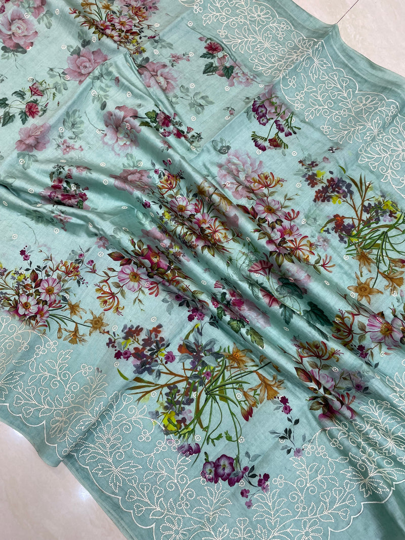 Pure Chiniya Silk Handloom Banarasi Saree Digital Print with Chikankari - The Handlooms