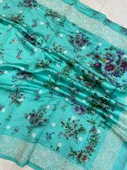 Pure Chiniya Silk Handloom Banarasi Saree Digital Print with Chikankari - The Handlooms