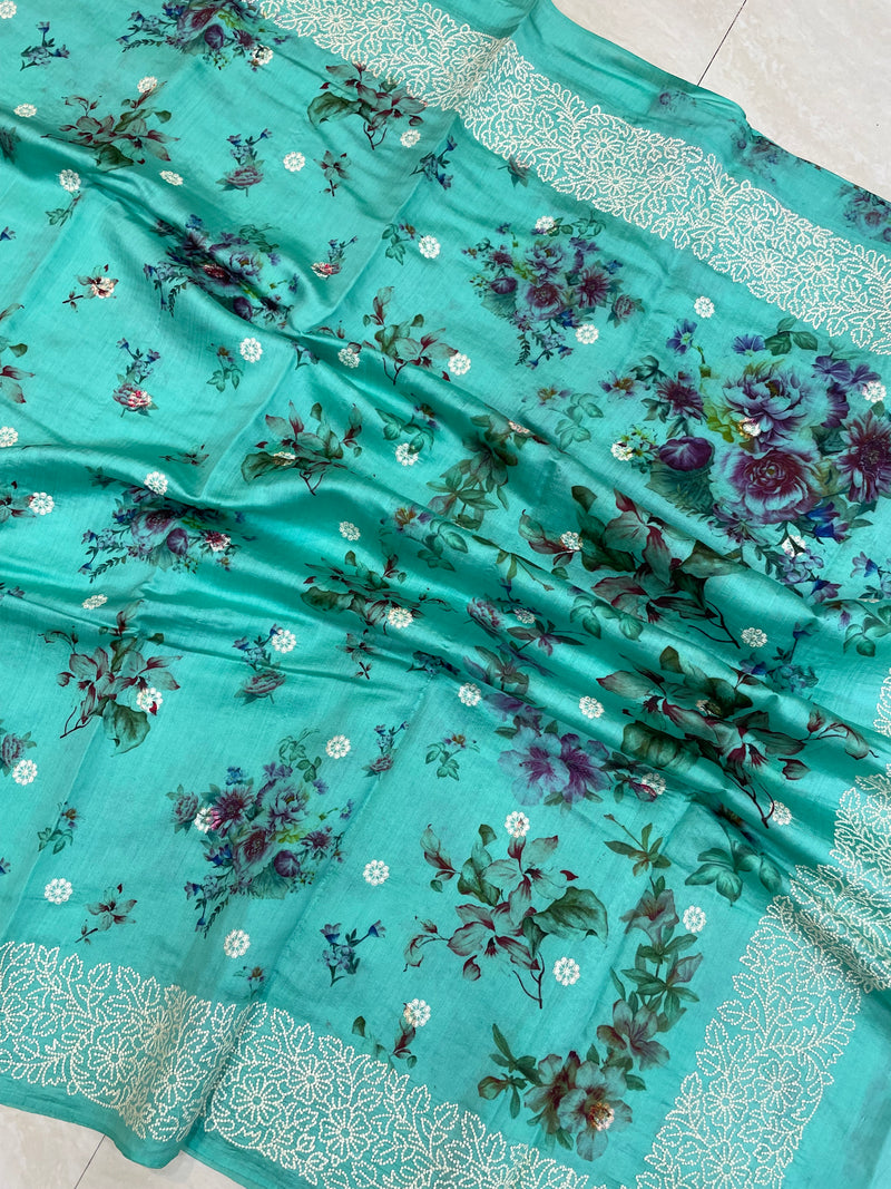 Pure Chiniya Silk Handloom Banarasi Saree Digital Print with Chikankari - The Handlooms