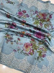 Pure Chiniya Silk Handloom Banarasi Saree Digital Print with Chikankari - The Handlooms