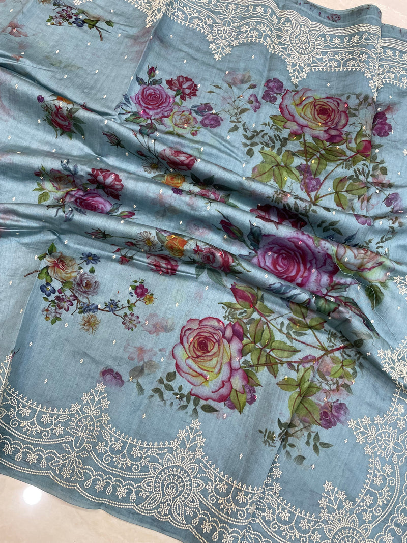 Pure Chiniya Silk Handloom Banarasi Saree Digital Print with Chikankari - The Handlooms