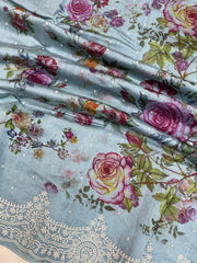 Pure Chiniya Silk Handloom Banarasi Saree Digital Print with Chikankari - The Handlooms