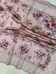 Pure Chiniya Silk Handloom Banarasi Saree Digital Print with Chikankari - The Handlooms