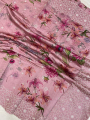 Pure Chiniya Silk Handloom Banarasi Saree Digital Print with Chikankari - The Handlooms