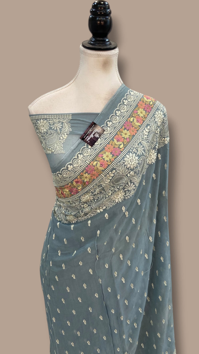 Pure Georgette Chikankari Handloom Banarasi Saree - The Handlooms