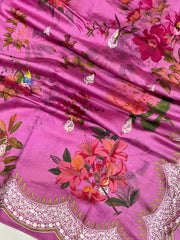 Pure Chiniya Silk Handloom Banarasi Saree Digital Print with Chikankari - The Handlooms
