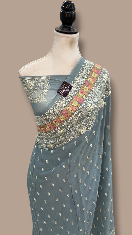 Pure Georgette Chikankari Handloom Banarasi Saree - The Handlooms