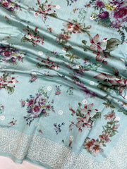 Pure Chiniya Silk Handloom Banarasi Saree Digital Print with Chikankari - The Handlooms