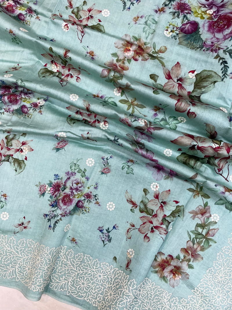 Pure Chiniya Silk Handloom Banarasi Saree Digital Print with Chikankari - The Handlooms