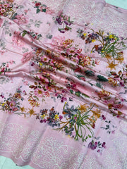 Pure Chiniya Silk Handloom Banarasi Saree Digital Print with Chikankari - The Handlooms