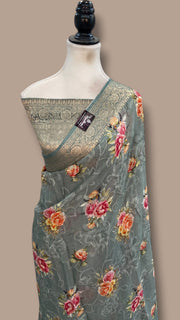 Pure Georgette Handloom Banarasi Saree - Chikankari With Digital Print - The Handlooms