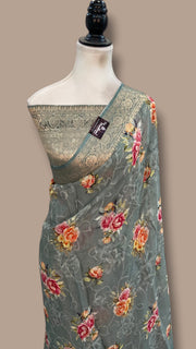 Pure Georgette Handloom Banarasi Saree - Chikankari With Digital Print - The Handlooms