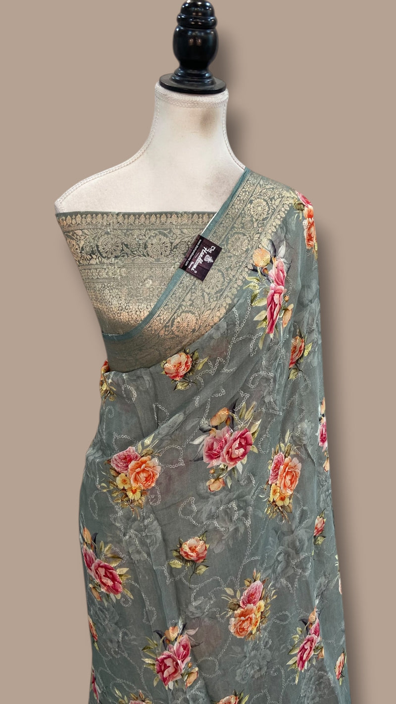 Pure Georgette Handloom Banarasi Saree - Chikankari With Digital Print - The Handlooms