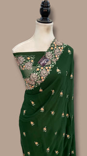 Pure Georgette Chikankari Handloom Banarasi Saree - The Handlooms