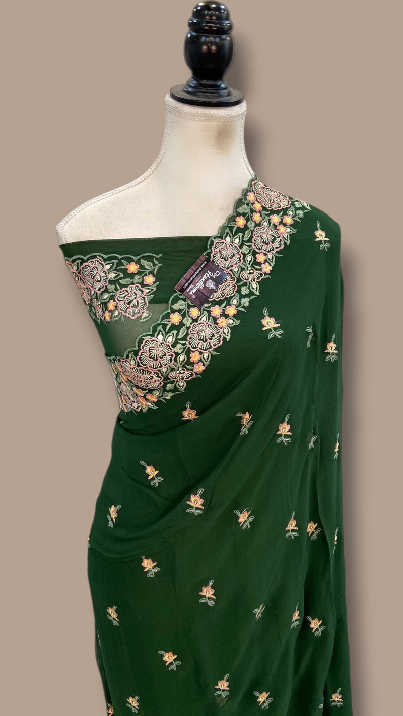 Pure Georgette Chikankari Handloom Banarasi Saree - The Handlooms