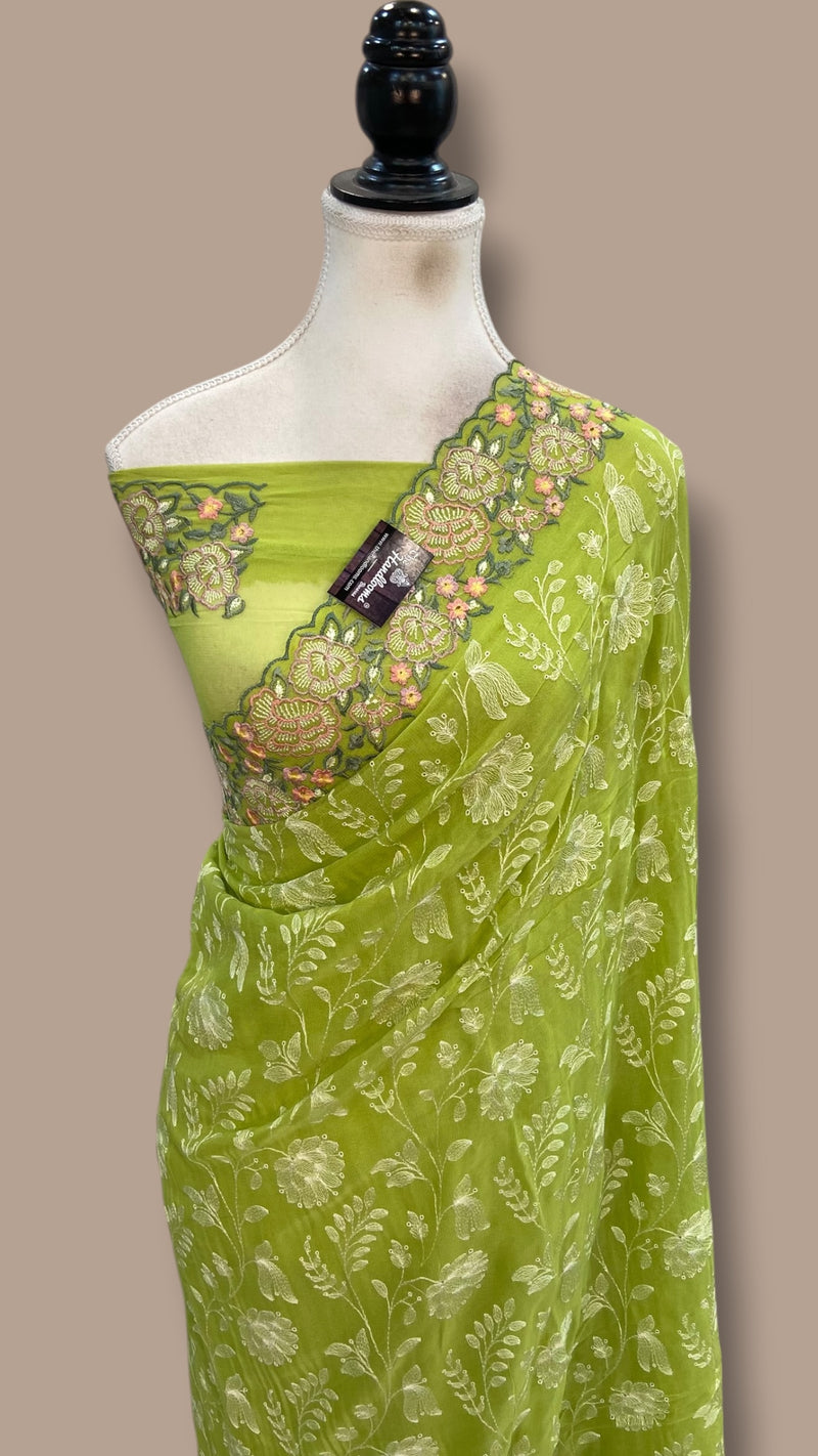 Pure Georgette Chikankari Handloom Banarasi Saree - The Handlooms