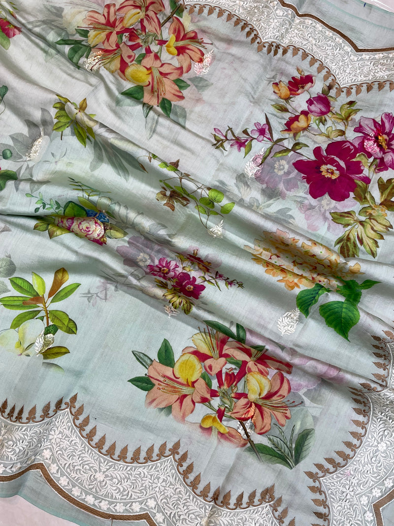 Pure Chiniya Silk Handloom Banarasi Saree Digital Print with Chikankari - The Handlooms