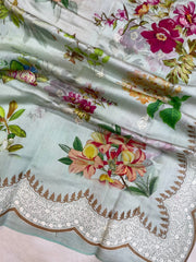 Pure Chiniya Silk Handloom Banarasi Saree Digital Print with Chikankari - The Handlooms